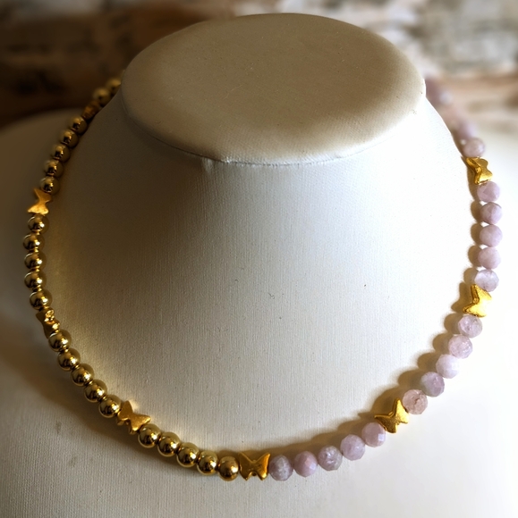 Natural Pink Kunzite  In Half And Half Design Beaded Necklace Choker - Picture 4 of 10